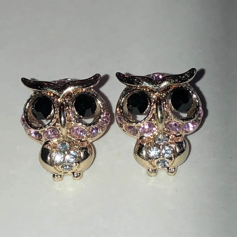 Elegant Gold Tone Owl Earrings with Pink and Black Accents